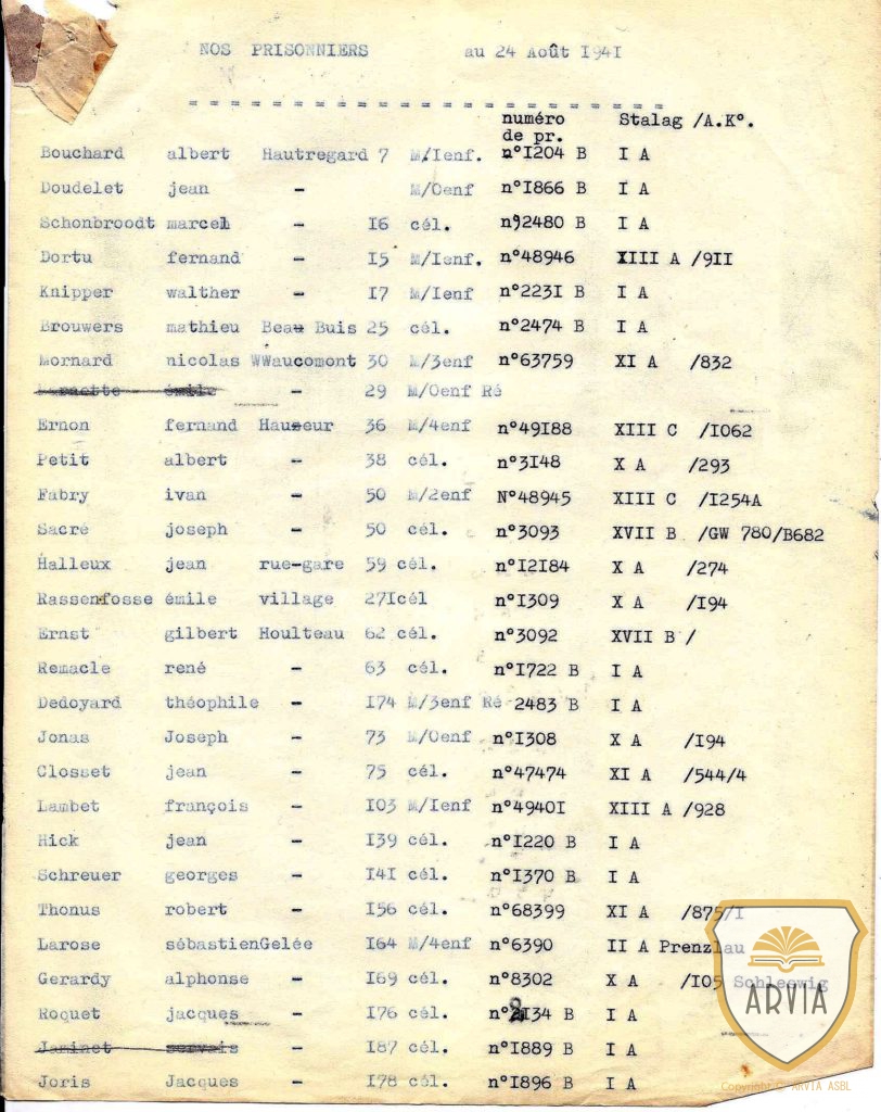 CHAINEUX - 1941- Liste Des Prisonniers Avec Leur N° Et Leur Stalag ...