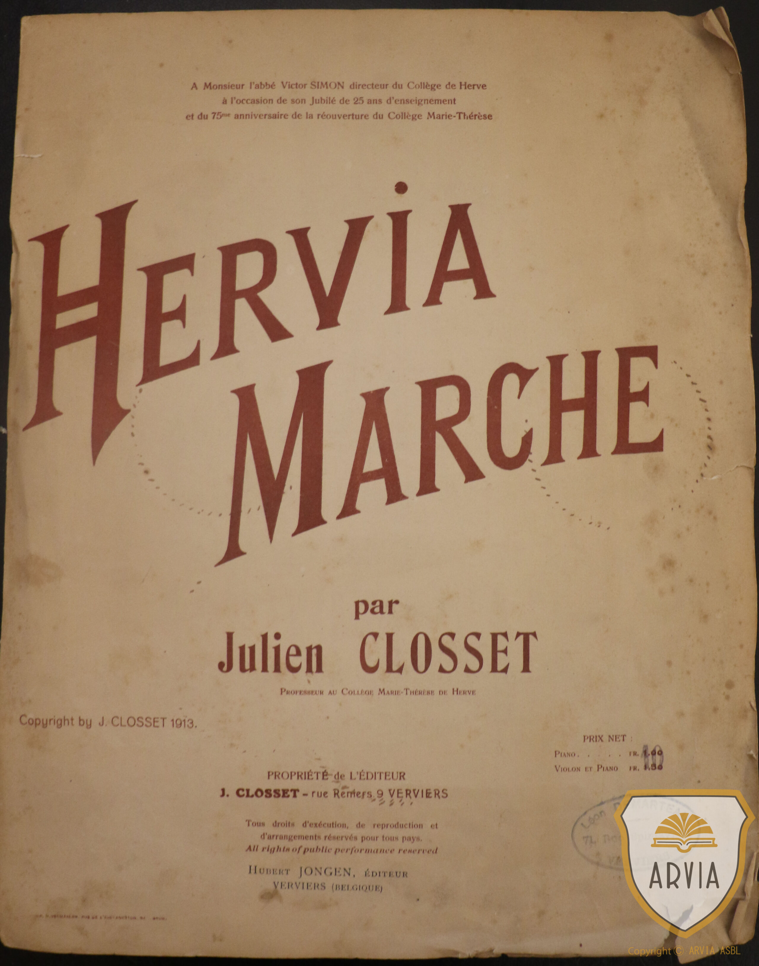 Herve 1913 College Marie Therese Partition De Julien Closset 75eme Anniversaire De La Reouverture Arvia Archives Herve